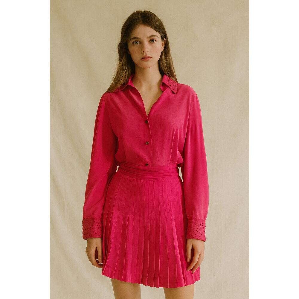 VTG Sasson Pink 100% Silk Beaded Blouse Tennis Skirt Set Beaded Feminine S 90's‎